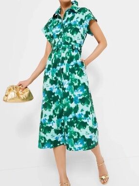 Tuckernuck Chloe Dress Deep Lagoon Belted Midi Short Sleeve Blue‎ Green Preppy L